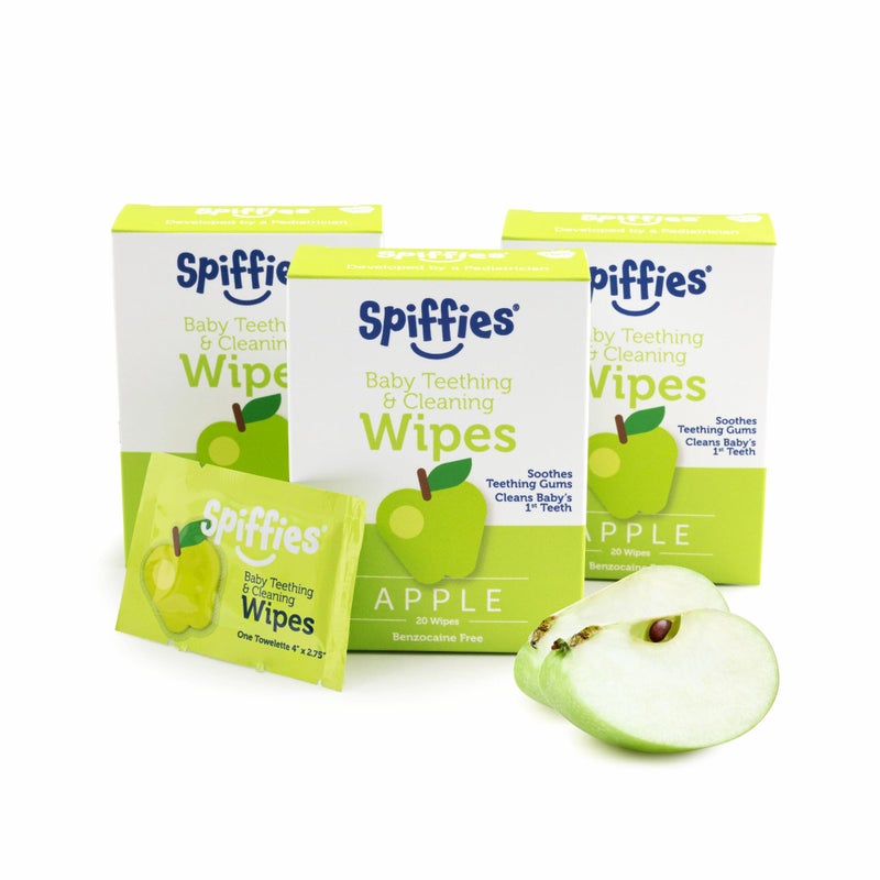 Spiffies Baby Teeth Wipes - Apple Flavor, Xylitol-Enriched Baby Gum Cleaner & Dental Wipes for Teething Relief and Teeth Cleaning - Safe for Infants & Toddlers, 20 Count (Pack of 3) - Image 1